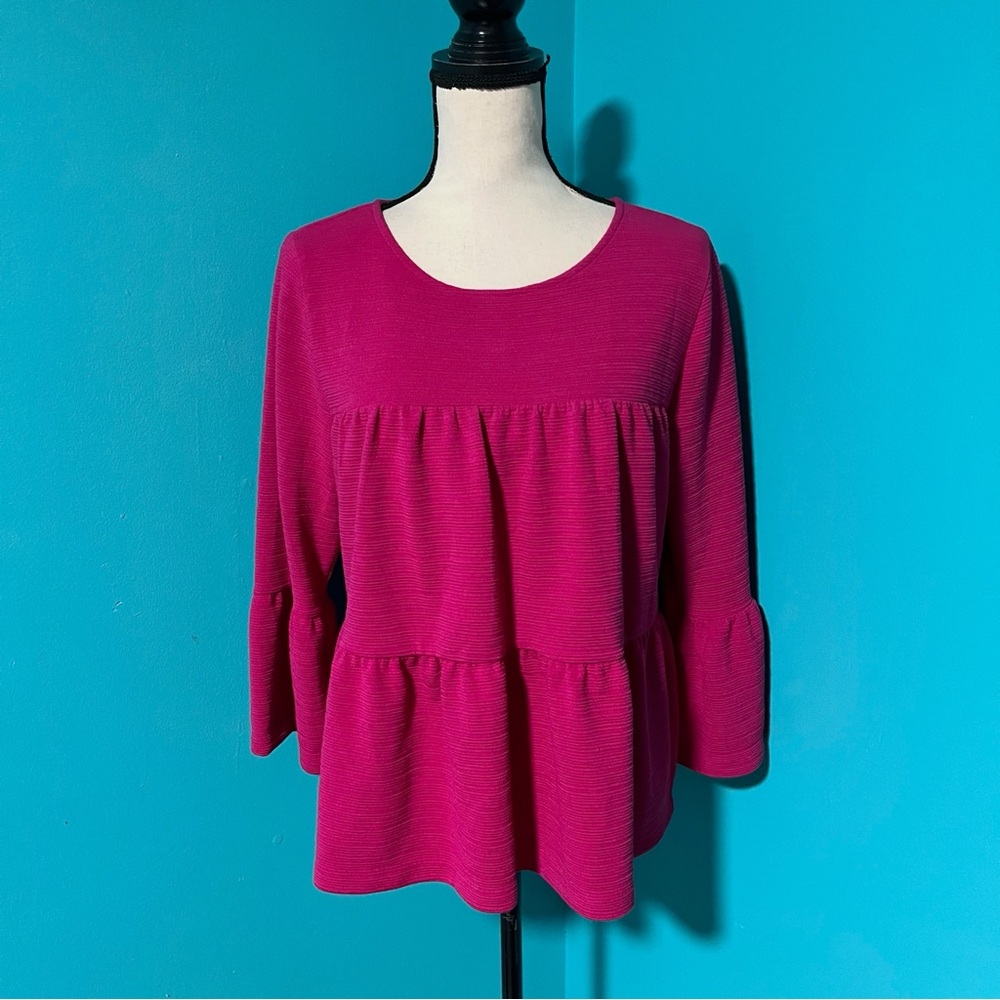 NWT J. Crew L Pink Tiered Button Back Ribbed Bell Sleeve Blouse Top